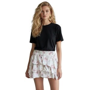 Hollister Tiered Ruffle Mini Skirt White Pink Floral Print Smocked Waist Y2K